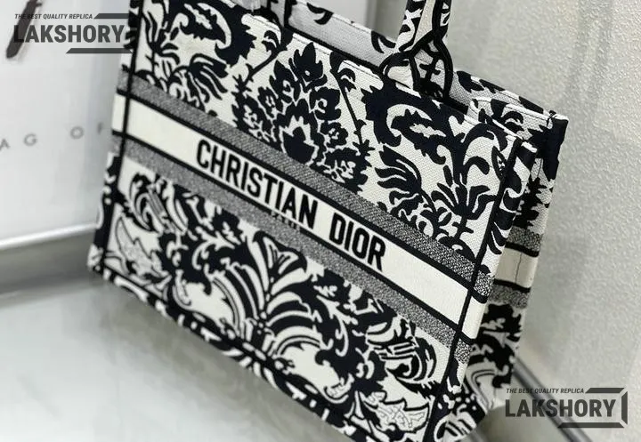 Dior 1:1 Mirror Replica Ornamental Cornely Effect Book Tote Black/White Christian Dior Replica Book Totes Dior 1:1 Mirror Replica Ornamental Cornely Effect Book Tote Black/White Christian Dior Replica Book Totes