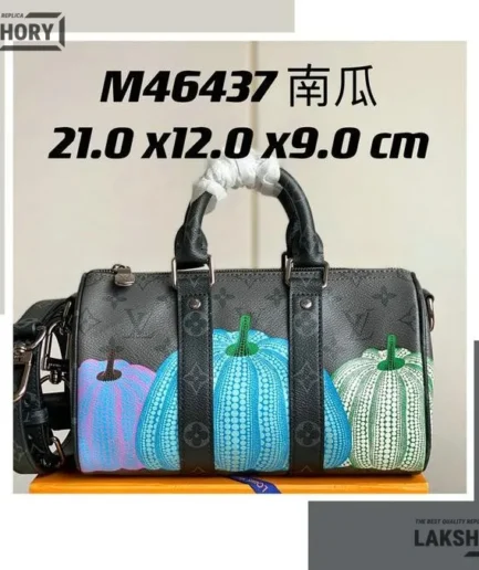 Louis Vuitton 1:1 Mirror Replica LV X YK Eclipse Reverse Pumpkin Keepall Bandouliere 25 Multicolor 21CM/8.3IN Louis Vuitton Replica Keepall