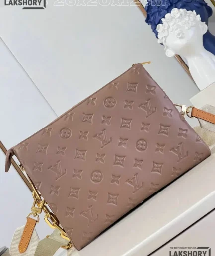 Louis Vuitton 1:1 Mirror Replica Lambskin Embossed Monogram Coussin PM Taupe 26CM/10.2IN Louis Vuitton Replica Coussin