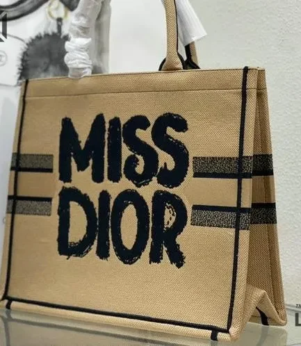 Dior 1:1 Mirror Replica Canvas Embroidery Miss Dior Beige Book Tote Christian Dior Replica Book Totes
