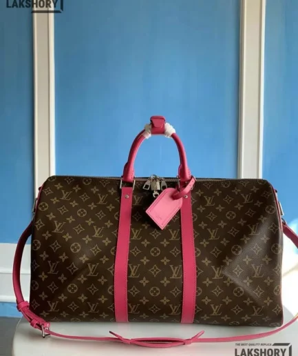 Louis Vuitton 1:1 Mirror Replica Monogram Macassar Keepall Bandouliere 50 Fuchsia 50CM/19.7IN Louis Vuitton Replica Keepall