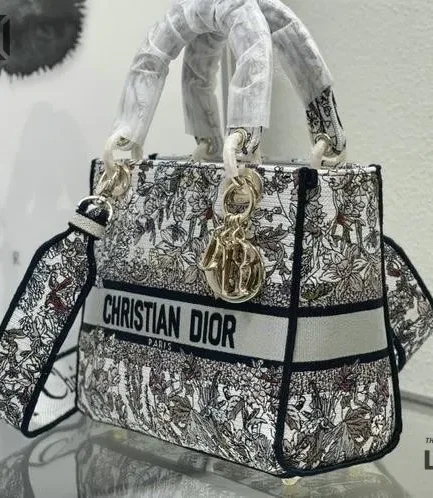 Dior 1:1 Mirror Replica Embroidery Canvas Medium Lady D-Lite 24CM/9.4IN Christian Dior Replica Lady