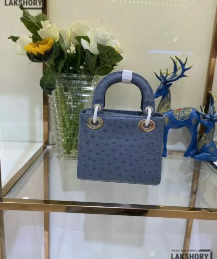 Dior 1:1 Mirror Replica Blue Ostrich Mini Lady Dior 17CM/6.7IN Christian Dior Replica Lady