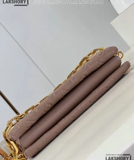 Louis Vuitton 1:1 Mirror Replica Lambskin Embossed Monogram Coussin PM Taupe 26CM/10.2IN Louis Vuitton Replica Coussin