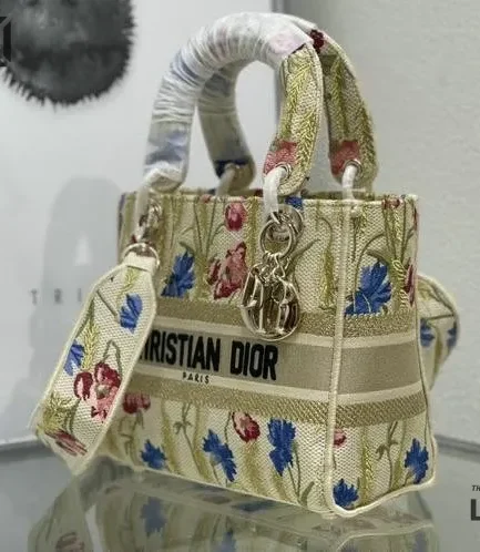Dior 1:1 Mirror Replica  Hibiscus Printed Lady D-Lite Beige Multicolor 24CM/9.4IN Christian Dior Replica Lady