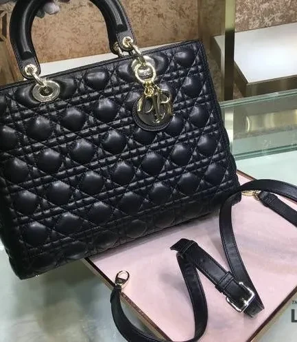 Dior 1:1 Mirror Replica Large Lady Dior Black Cannage 32CM/12.6IN Christian Dior Replica Lady