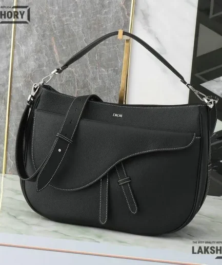 Dior 1:1 Mirror Replica Grained Calfskin Black Soft Saddle Bag 40CM/15.7IN Christian Dior Replica Saddles