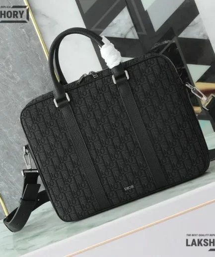 Dior 1:1 Mirror Replica Black Zipped Briefcase Grained Calfskin 37CM/14.6IN Christian Dior Other Styles