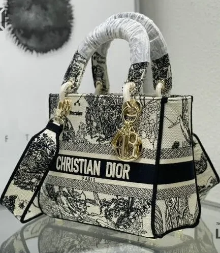Dior 1:1 Mirror Replica Lady D-Lite Latte & Black Toile de Jouy Zodiac 24CM/9.4IN Christian Dior Replica Lady