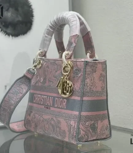 Dior 1:1 Mirror Replica Toile De Jouy Lady D-Lite Gray Pink 24CM/9.4IN Christian Dior Replica Lady
