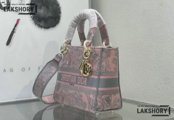 Dior 1:1 Mirror Replica Toile De Jouy Lady D-Lite Gray Pink 24CM/9.4IN Christian Dior Replica Lady Dior 1:1 Mirror Replica Toile De Jouy Lady D-Lite Gray Pink 24CM/9.4IN Christian Dior Replica Lady