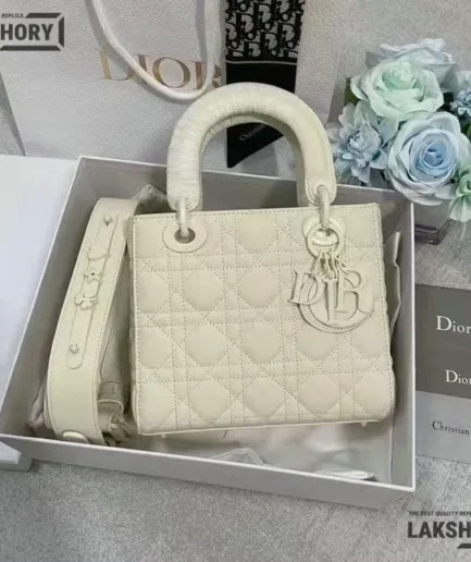 Dior 1:1 Mirror Replica White Medium Calfskin Lady Dior Tote 20CM/7.9IN Christian Dior Replica Lady