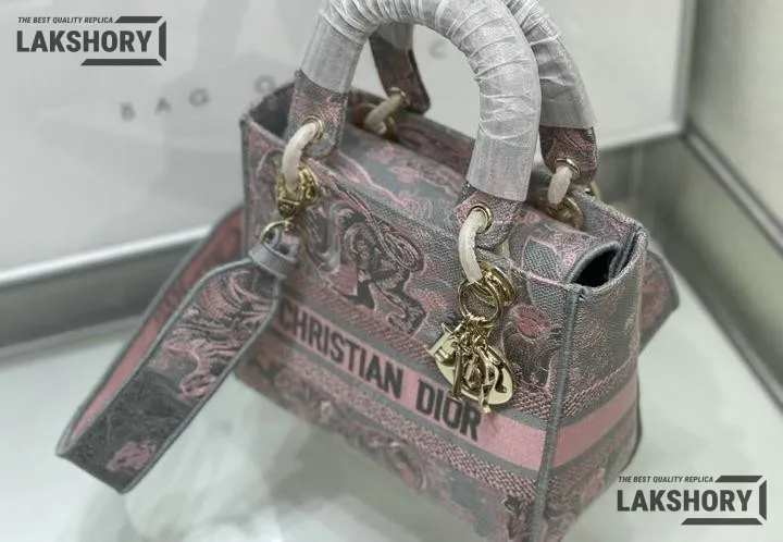 Dior 1:1 Mirror Replica Toile De Jouy Rivera Lady D-Lite Gray Pink 24CM/9.4IN Christian Dior Replica Lady Dior 1:1 Mirror Replica Toile De Jouy Rivera Lady D-Lite Gray Pink 24CM/9.4IN Christian Dior Replica Lady