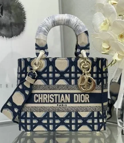 Dior 1:1 Mirror Replica Macrocannage Lady D-Lite Beige Blue 24CM/9.4IN Christian Dior Replica Lady