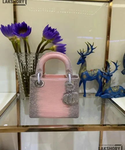 Dior 1:1 Mirror Replica Pink Mini Lizard Lady Bag 17CM/6.7IN Christian Dior Replica Lady