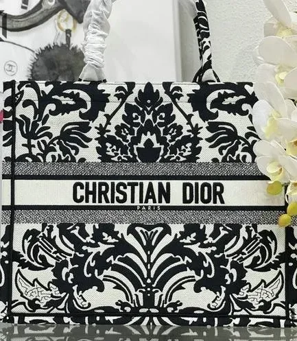 Dior 1:1 Mirror Replica Ornamental Cornely Effect Book Tote Black/White Christian Dior Replica Book Totes