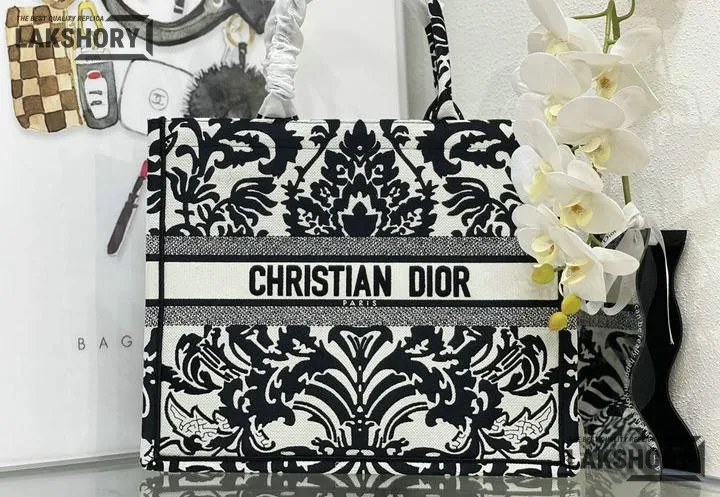 Dior 1:1 Mirror Replica Ornamental Cornely Effect Book Tote Black/White Christian Dior Replica Book Totes Dior 1:1 Mirror Replica Ornamental Cornely Effect Book Tote Black/White Christian Dior Replica Book Totes