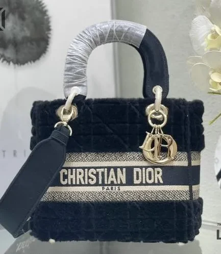 Dior 1:1 Mirror Replica Velvet Cannage Lady D-Lite Navy Blue 24CM/9.4IN Christian Dior Replica Lady