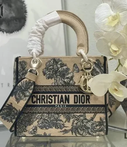 Dior 1:1 Mirror Replica Dioriviera Lady D-Lite Beige Toile de Jouy Palms 24CM/9.4IN Christian Dior Replica Lady