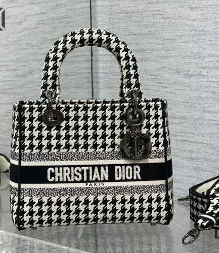 Dior 1:1 Mirror Replica Canvas Medium Houndstooth Lady D-Lite 24CM/9.4IN Christian Dior Replica Lady