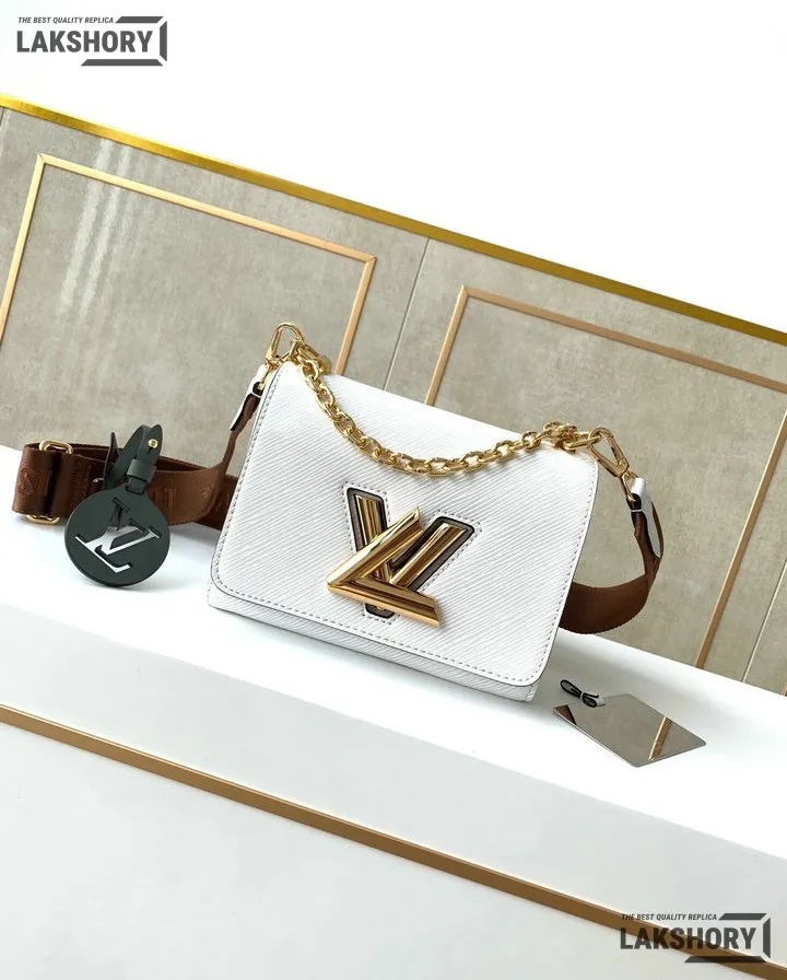 Louis Vuitton 1:1 Mirror Replica Twist MM White Epi Bag White/Brown Strap 19CM/7.5IN Louis Vuitton Replica Twist Louis Vuitton 1:1 Mirror Replica Twist MM White Epi Bag White/Brown Strap 19CM/7.5IN Louis Vuitton Replica Twist