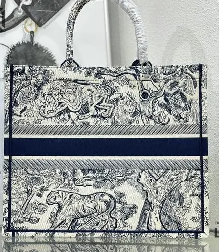 Dior 1:1 Mirror Replica Ecru & Blue Book Tote Toile de Jouy Embroidery Christian Dior Replica Book Totes