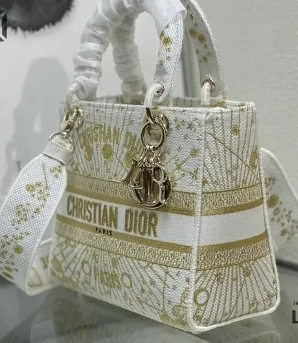 Dior 1:1 Mirror Replica Lady D-Lite Zodiac Embroidered White/Gold 24CM/9.4IN Christian Dior Replica Lady