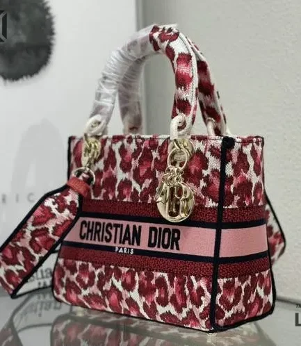 Dior 1:1 Mirror Replica Pink Mizza Leopard Lady D-Lite Canvas 24CM/9.4IN Christian Dior Replica Lady