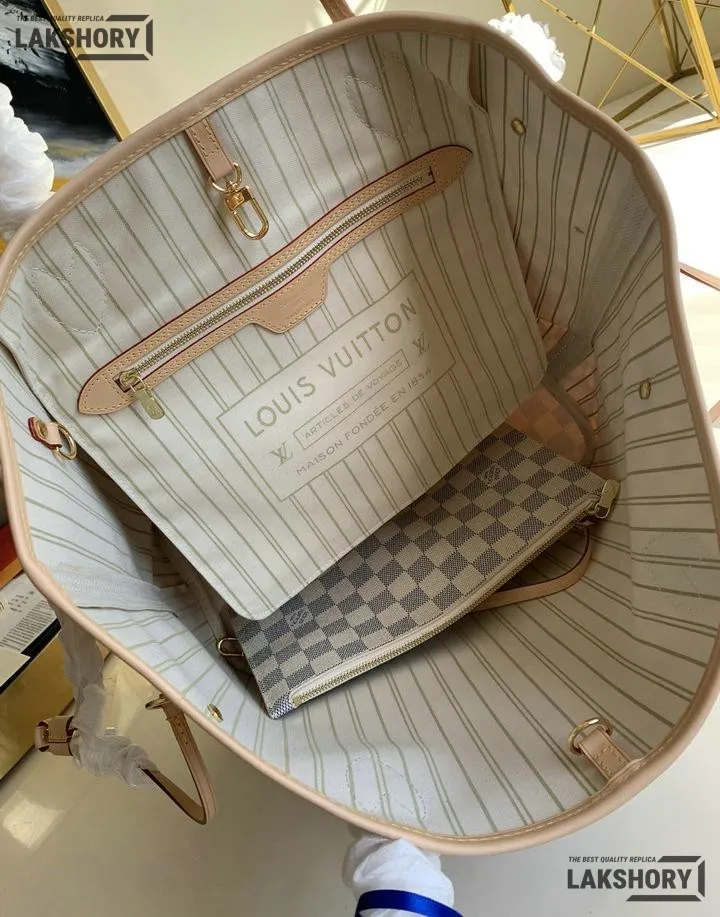 Louis Vuitton 1:1 Mirror Replica Neverfull MM Damier Azur Medium Size Tote 32CM/12.6IN Louis Vuitton Replica Neverfull Louis Vuitton 1:1 Mirror Replica Neverfull MM Damier Azur Medium Size Tote 32CM/12.6IN Louis Vuitton Replica Neverfull