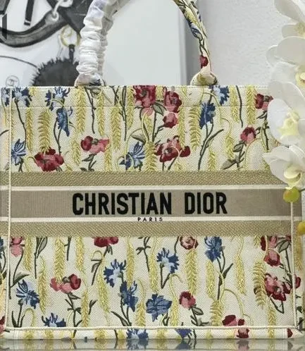 Dior 1:1 Mirror Replica Beige Multicolor Hibiscus Book Tote Embroidered Christian Dior Replica Book Totes