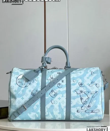 Louis Vuitton 1:1 Mirror Replica Aquagarden Keepall Bandouliere 50 Sky Blue 50CM/19.7IN Louis Vuitton Replica Keepall