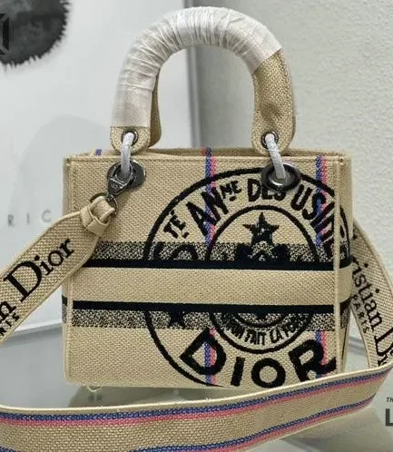 Dior 1:1 Mirror Replica Jute Medium Lady D-Lite Beige Multicolor 24CM/9.4IN Christian Dior Replica Lady