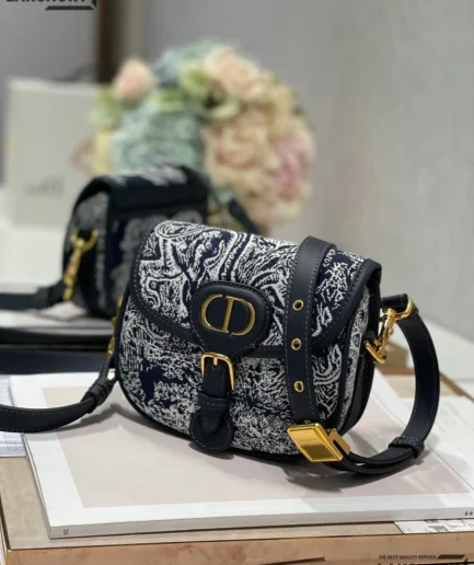 Dior 1:1 Mirror Replica Embroidered Toile de Jouy Blue Bobby Flap 19CM/7.5IN Christian Dior Replica Bobby