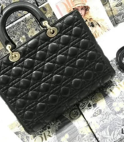 Dior 1:1 Mirror Replica GM Black Leather Cannage Large Lady Dior 32CM/12.6IN Christian Dior Replica Lady
