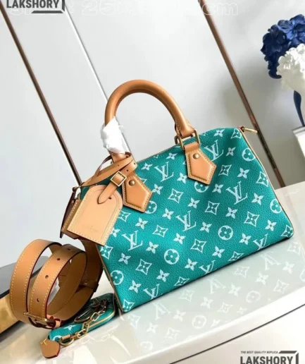 Louis Vuitton 1:1 Mirror Replica Calfskin Speedy P9 Bandouliere 25 Turquoise 25CM/9.8IN Louis Vuitton Replica Speedy