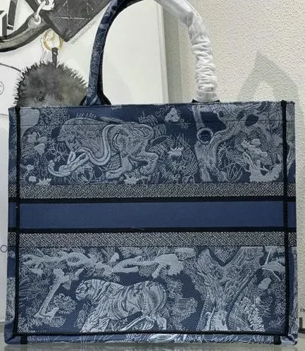 Dior 1:1 Mirror Replica Denim Blue Book Tote Toile de Jouy Embroidery Christian Dior Replica Book Totes