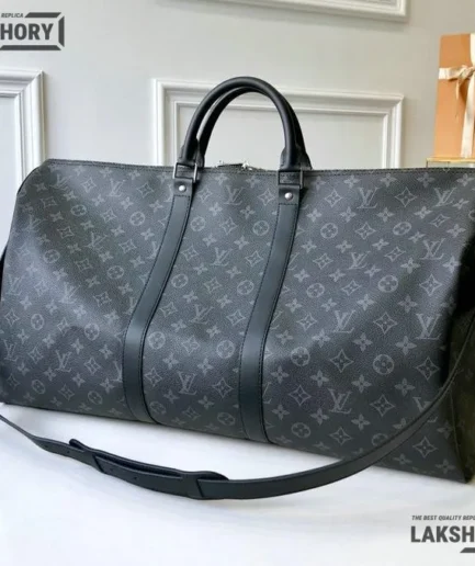 Louis Vuitton 1:1 Mirror Replica Keepall Bandouliere Monogram Eclipse Black/Grey Louis Vuitton Replica Keepall
