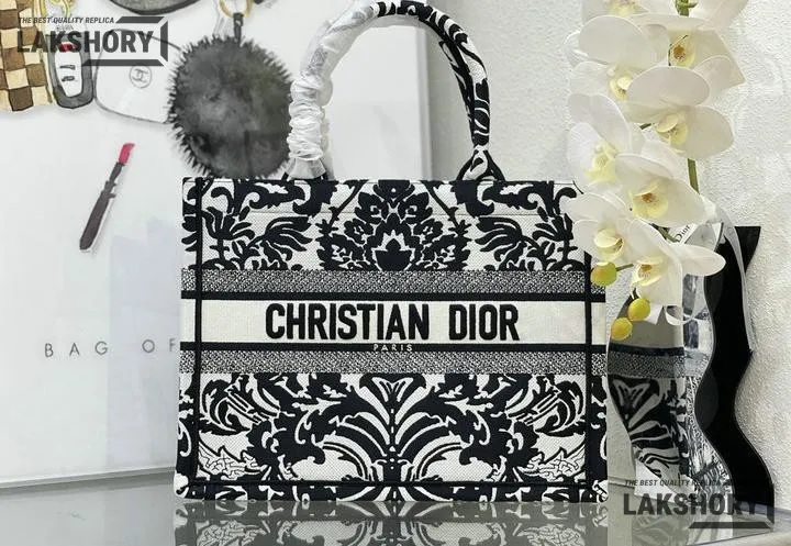 Dior 1:1 Mirror Replica Ornamental Cornely Effect Book Tote Black/White Christian Dior Replica Book Totes Dior 1:1 Mirror Replica Ornamental Cornely Effect Book Tote Black/White Christian Dior Replica Book Totes