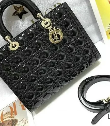 Dior 1:1 Mirror Replica Black Large Patent Lady Dior 32CM/12.6IN Christian Dior Replica Lady