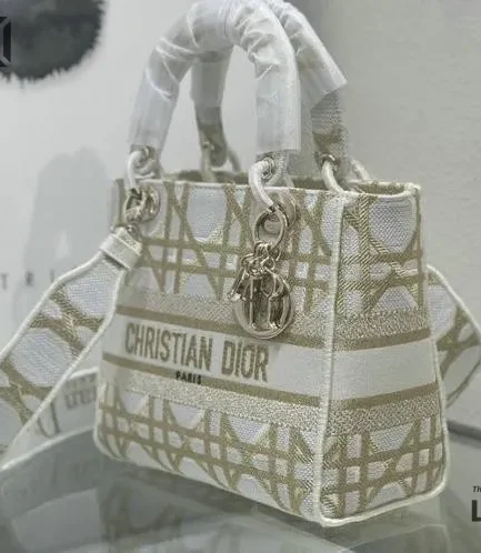 Dior 1:1 Mirror Replica Off White/Gold Tone Medium Lady D-Lite 24CM/9.4IN Christian Dior Replica Lady