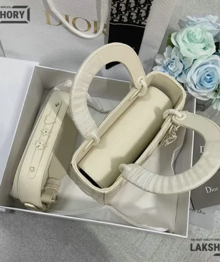 Dior 1:1 Mirror Replica White Medium Calfskin Lady Dior Tote 20CM/7.9IN Christian Dior Replica Lady