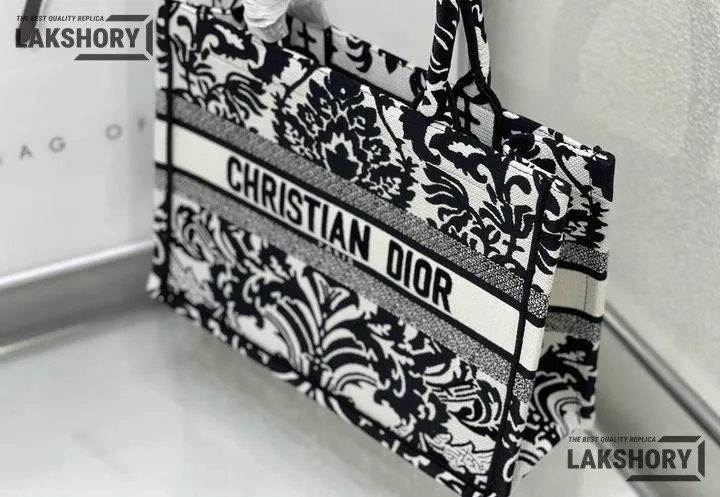 Dior 1:1 Mirror Replica Ornamental Cornely Effect Book Tote Black/White Christian Dior Replica Book Totes Dior 1:1 Mirror Replica Ornamental Cornely Effect Book Tote Black/White Christian Dior Replica Book Totes
