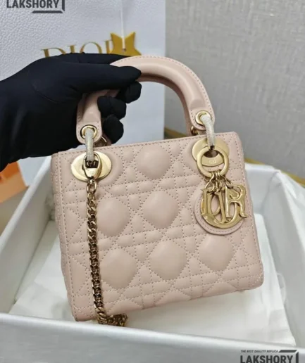 Dior 1:1 Mirror Replica Lambskin Powder Pink Mini Lady Dior 17CM/6.7IN Christian Dior Replica Lady