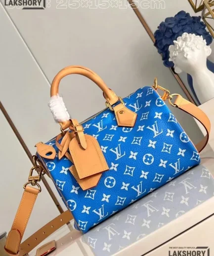 Louis Vuitton 1:1 Mirror Replica Calfskin Speedy P9 Bandouliere 25 Blue 25CM/9.8IN Louis Vuitton Replica Speedy