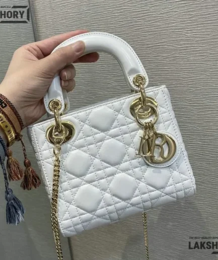 Dior 1:1 Mirror Replica Lambskin White Lady Dior Mini Cannage 17CM/6.7IN Christian Dior Replica Lady