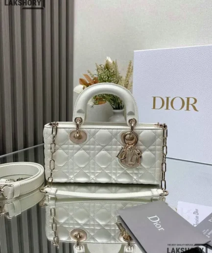 Dior 1:1 Mirror Replica Small White Lambskin Lady D-Joy 22CM/8.7IN Christian Dior Replica Lady