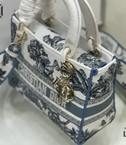 Dior 1:1 Mirror Replica Dioriviera Lady D-Lite White/Blue Toile de Jouy Palms 24CM/9.4IN Christian Dior Replica Lady