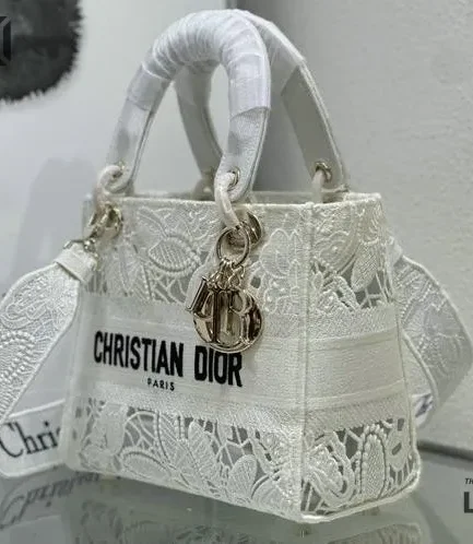 Dior 1:1 Mirror Replica Lace Medium Lady D-Lite White 24CM/9.4IN Christian Dior Replica Lady