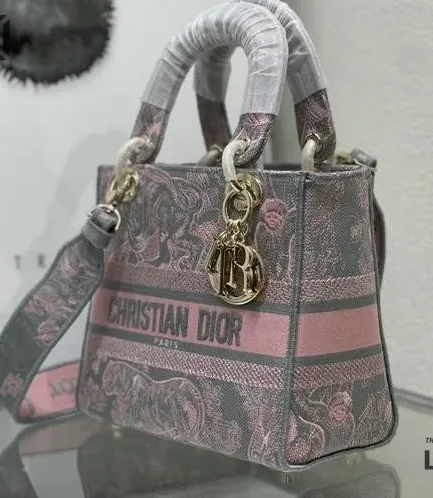 Dior 1:1 Mirror Replica Toile De Jouy Rivera Lady D-Lite Gray Pink 24CM/9.4IN Christian Dior Replica Lady