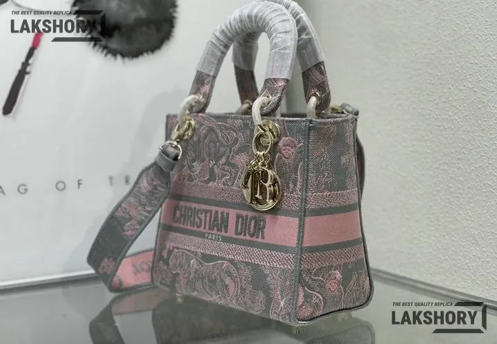 Dior 1:1 Mirror Replica Toile De Jouy Rivera Lady D-Lite Gray Pink 24CM/9.4IN Christian Dior Replica Lady Dior 1:1 Mirror Replica Toile De Jouy Rivera Lady D-Lite Gray Pink 24CM/9.4IN Christian Dior Replica Lady